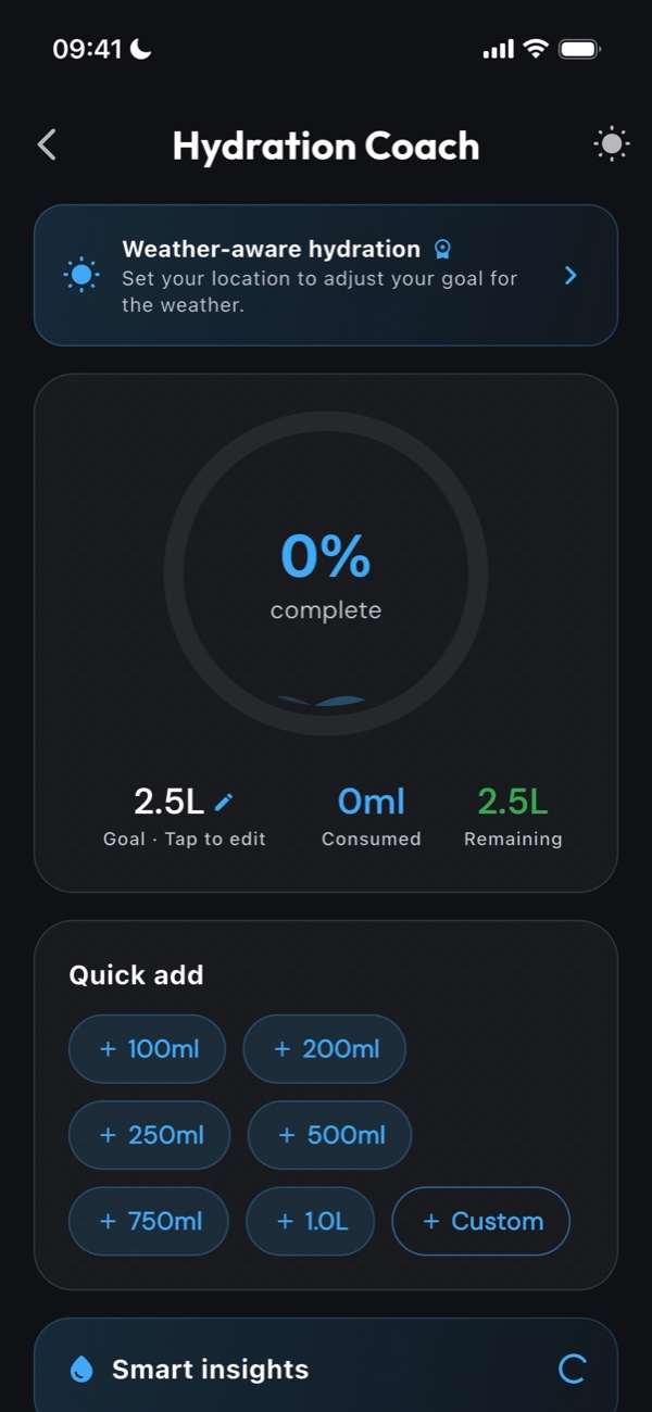 Hydration coach with daily water goal and quick add