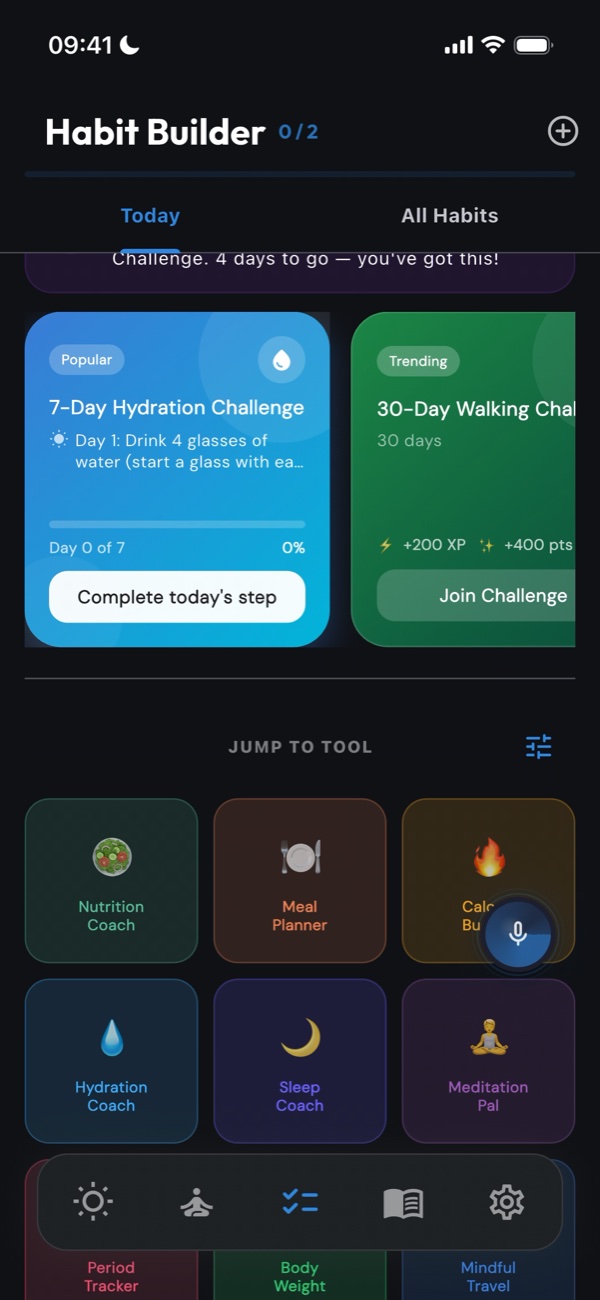 Habit builder with popular challenges and quick tools