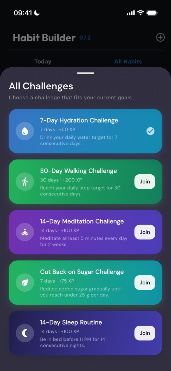 Wellness challenges for hydration, walking, meditation and sleep