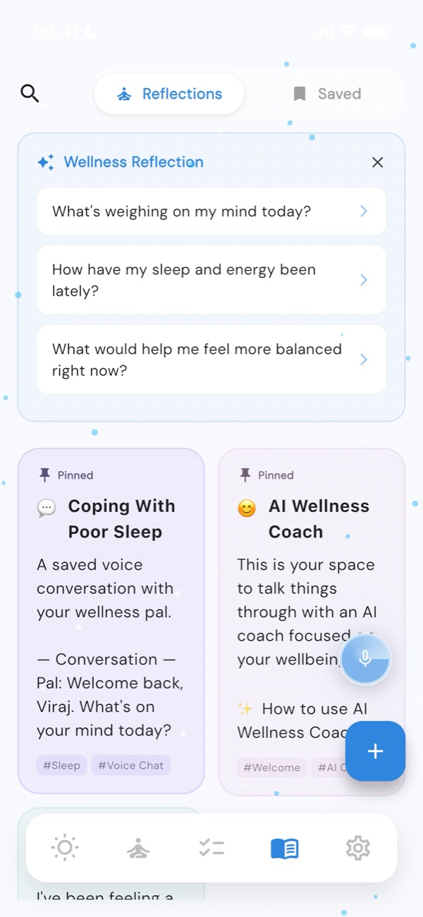 Guided wellness reflections and pinned conversations in light mode