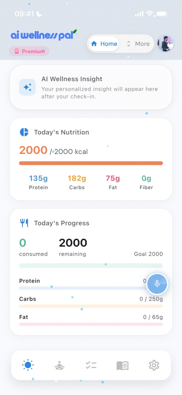 Home screen in light mode with AI insight and nutrition progress